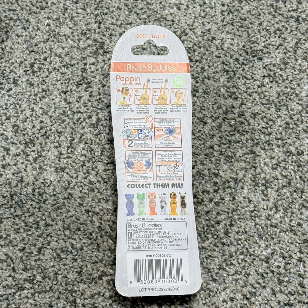 Brush Buddies Poppin Toothbrush Rickie Lion Character Soft Orange Kids BPA Free